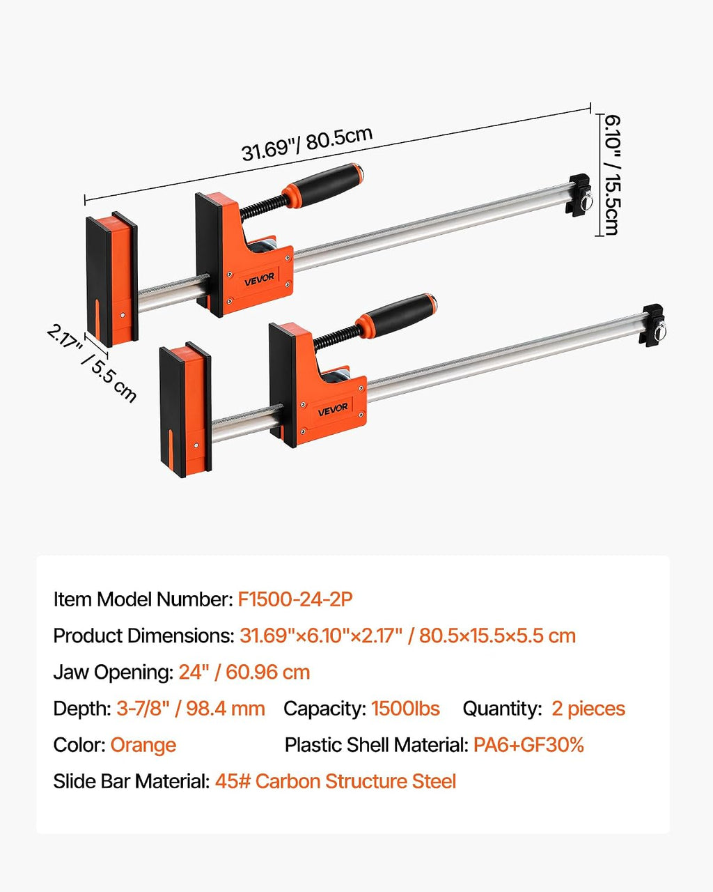 Bar Clamps for Woodworking, 2-Pack 24 inch Parallel Clamp Set, F-Clamp with 1500 lbs Load Limit, Even Pressure