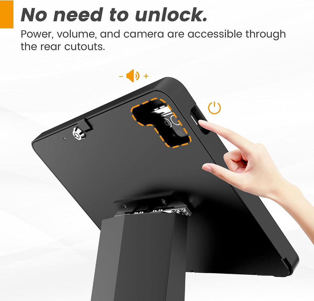 All-in-One Tablet POS Stand with Printer Compartment, All Metal Desktop Kiosk with Key Lock, 90° Flip Enclosure