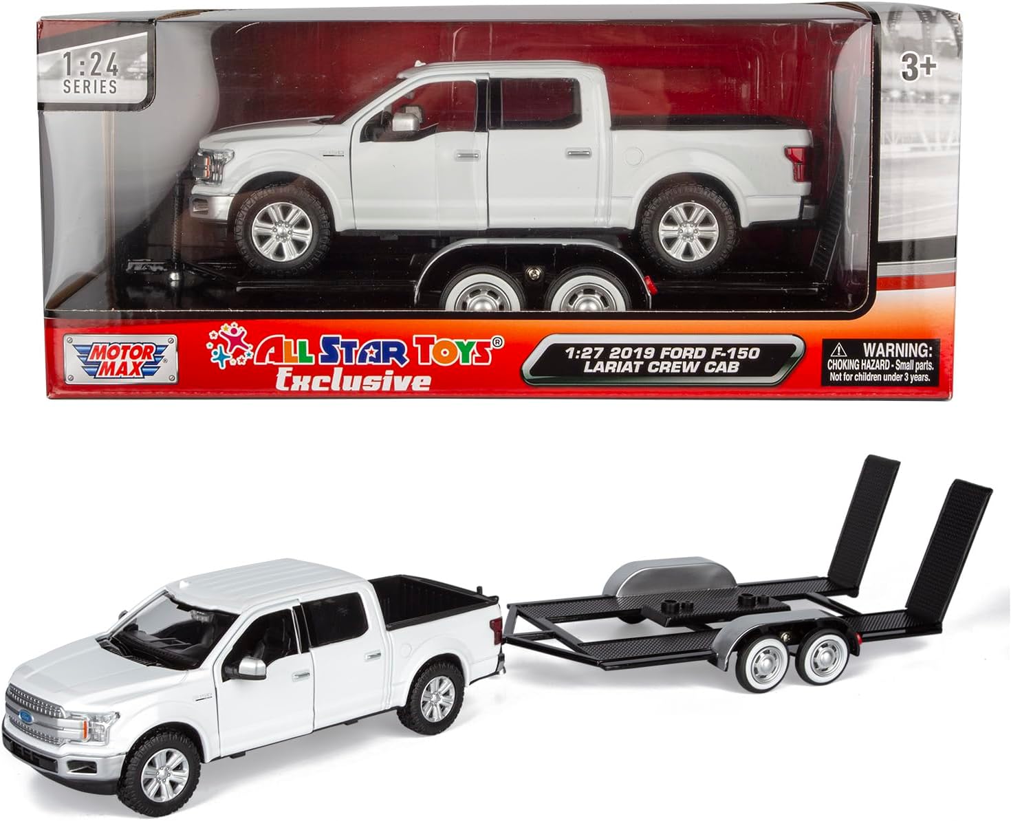 2019 Ford F-150 Lariat Crew Cab Pickup Truck with a Car Hauler, Truck & Tow Trailer Combo - 1/27 Scale Diecast Model
