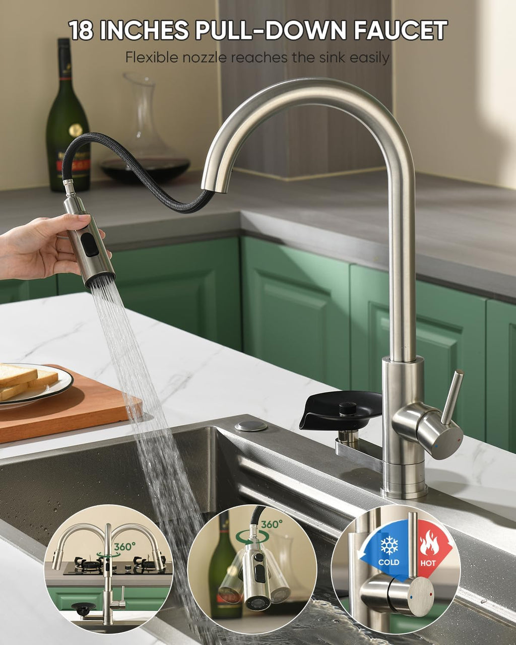 Kitchen Faucet with Cup Washer Pull Down Sprayer Stainless Steel Kitchen Sink Faucet with Deck Plate Glass Rinser