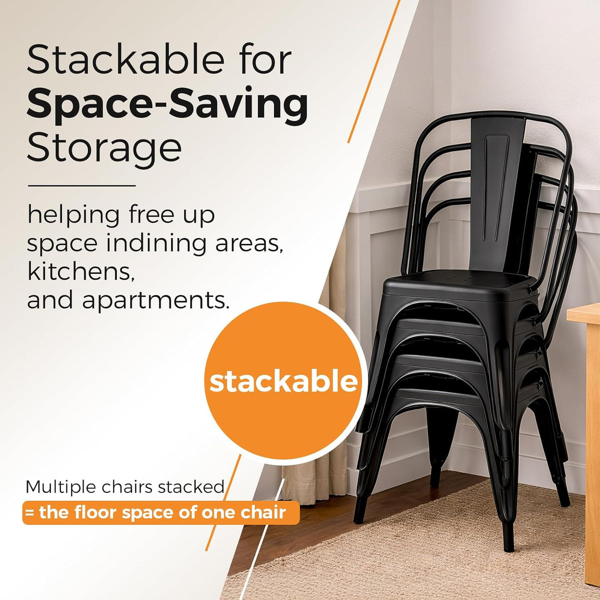 Matte Black Stackable Metal Dining Chairs, Set of 8