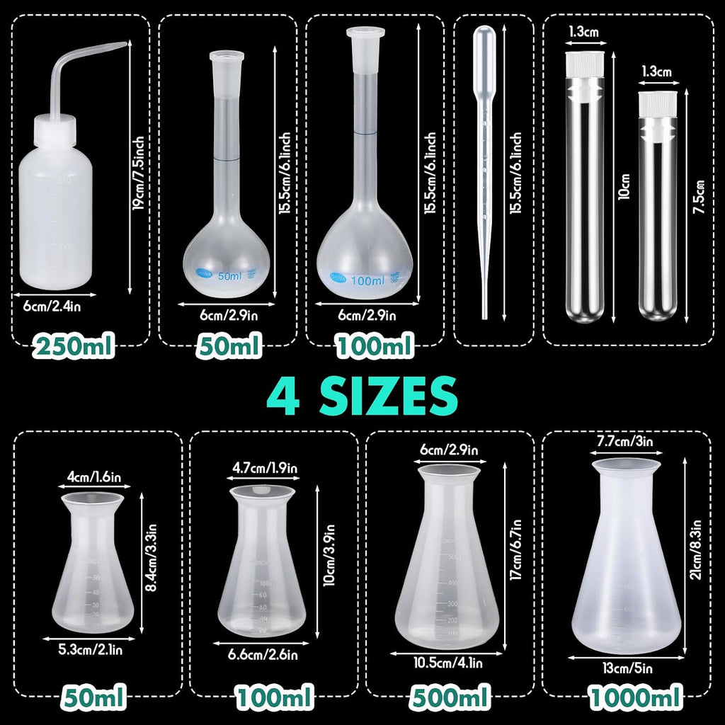 58 Pcs Plastic Beakers Set Include 6 Graduated Cylinder 7 Beakers 6 Flask 10 Droppers 1 Wash Bottle 20 Test Tubes