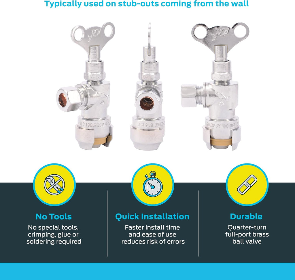1/2 x 3/8 Inch Compression Angle Stop Valve, Loose Key Quarter Turn, Push to Connect Brass Plumbing Fitting, Chrome