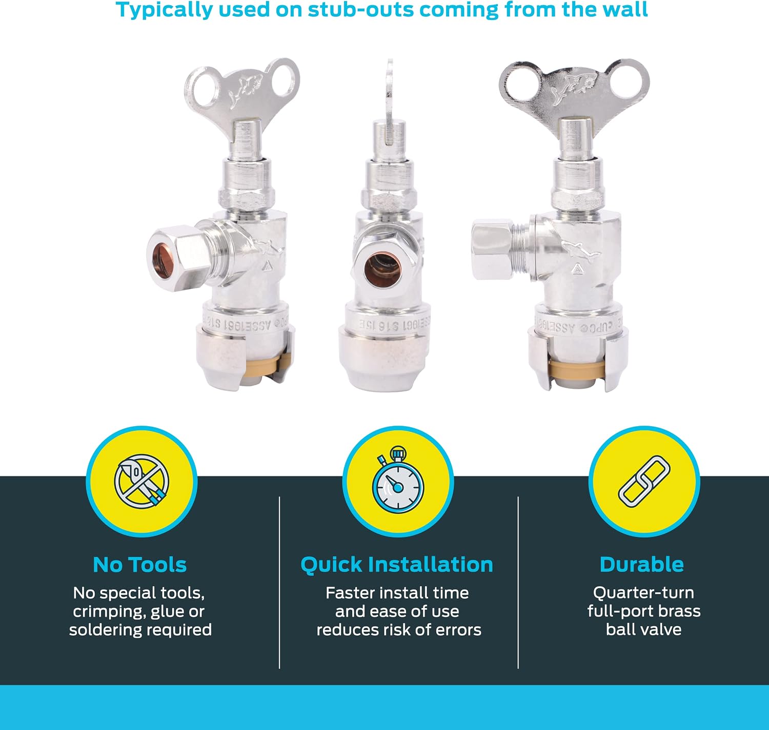 1/2 x 3/8 Inch Compression Angle Stop Valve, Loose Key Quarter Turn, Push to Connect Brass Plumbing Fitting, Chrome