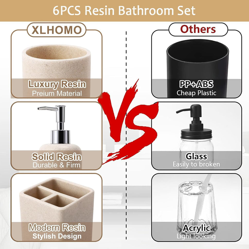 Resin Beige 6 Pcs Bathroom Set Complete with Toothbrush Holder, Lotion Soap Dispenser, 2 Qtip Holder