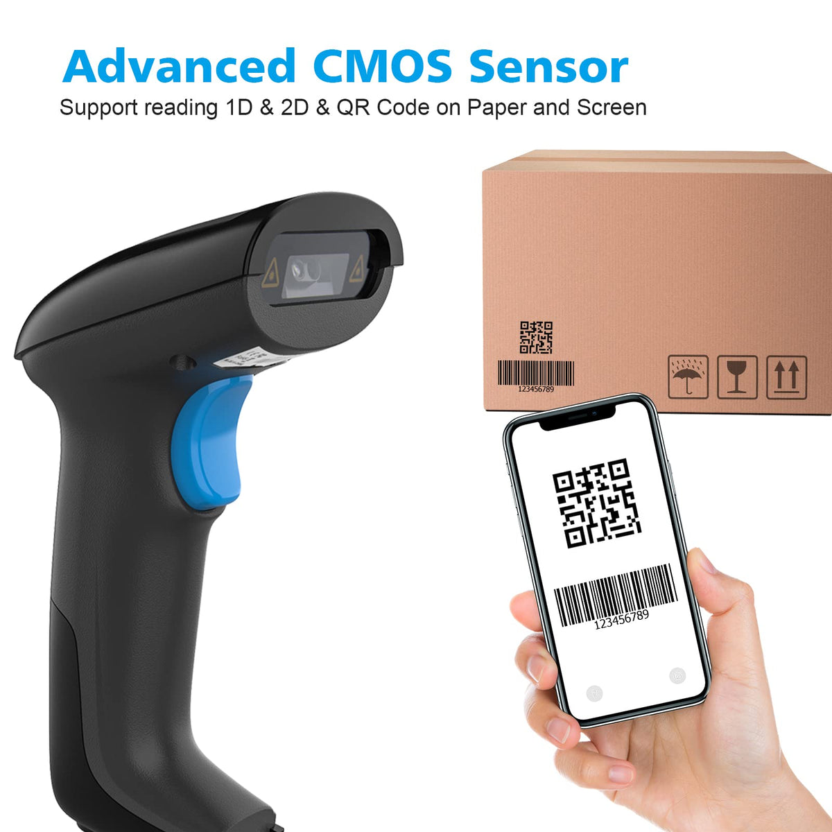 USB 2D QR Barcode Scanner Wired, Automatic Handheld Code Reader