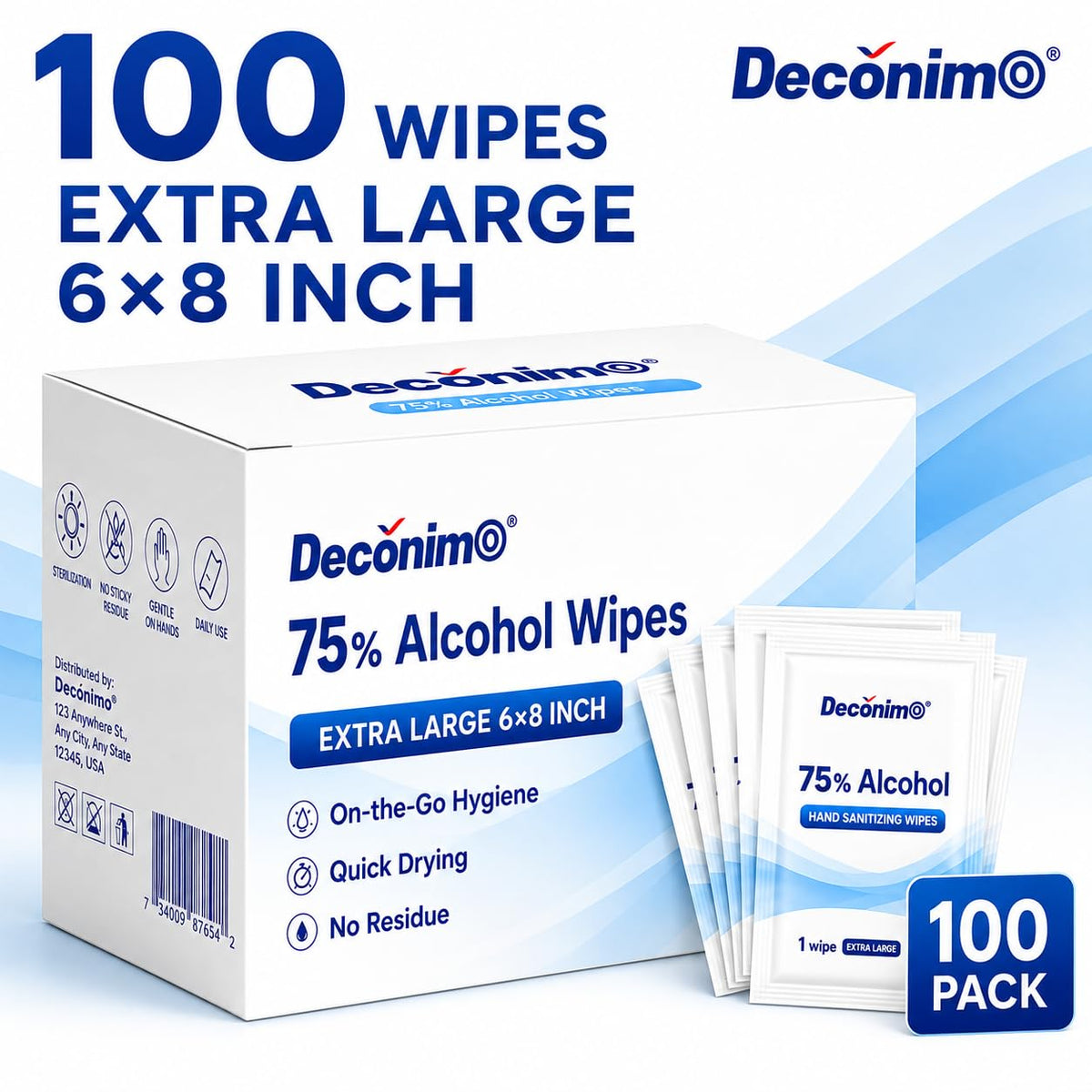 Extra Large 75% Alcohol Wipes, Individually Wrapped Pre-Moistened Disposable Wipes, Portable Travel Pack, 100 Count