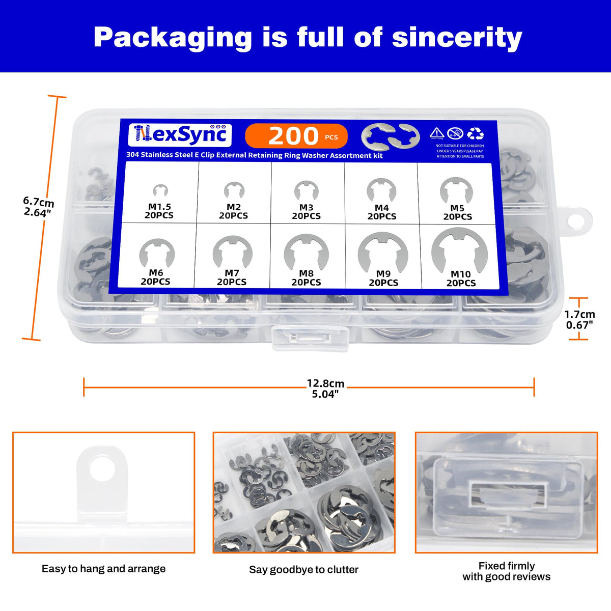 NexSync 200PCS E Clips Assortment Kit, M1.5-M10 External Retaining Rings