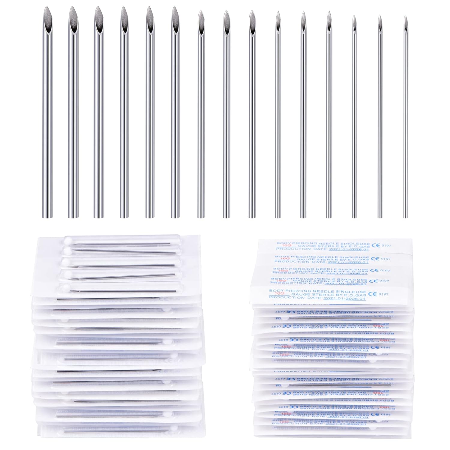 50PCS Mixed Body Piercing Needles, 12G 14G 16G 18G 20G Disposable Sterile Stainless Steel Piercing Needles for Ear