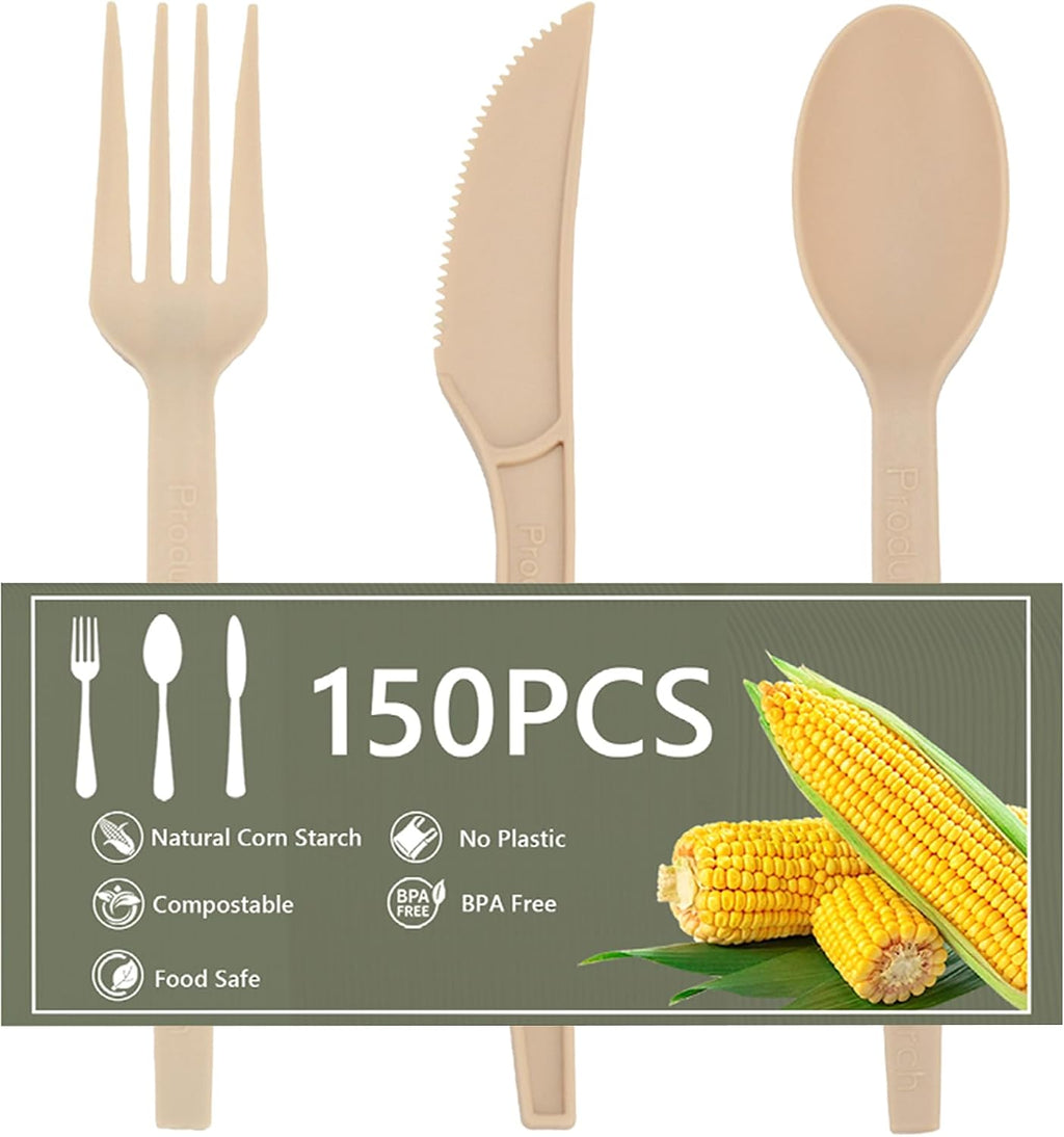 Disposable Silverware Bulk Heavy-Duty 150 Pcs, Compostable Forks, Spoons and Knives, Disposable Cutlery Set
