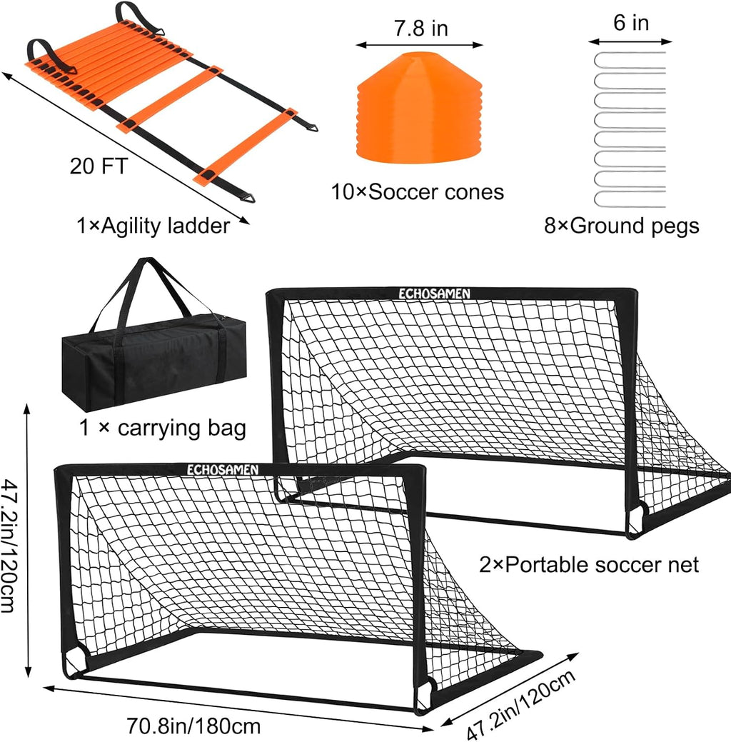 Kids Soccer Goals for Backyard, 2 of 6 x 4 ft Kids Soccer Goal Set Soccer Net with 10 Soccer Cones, Agility Ladder &