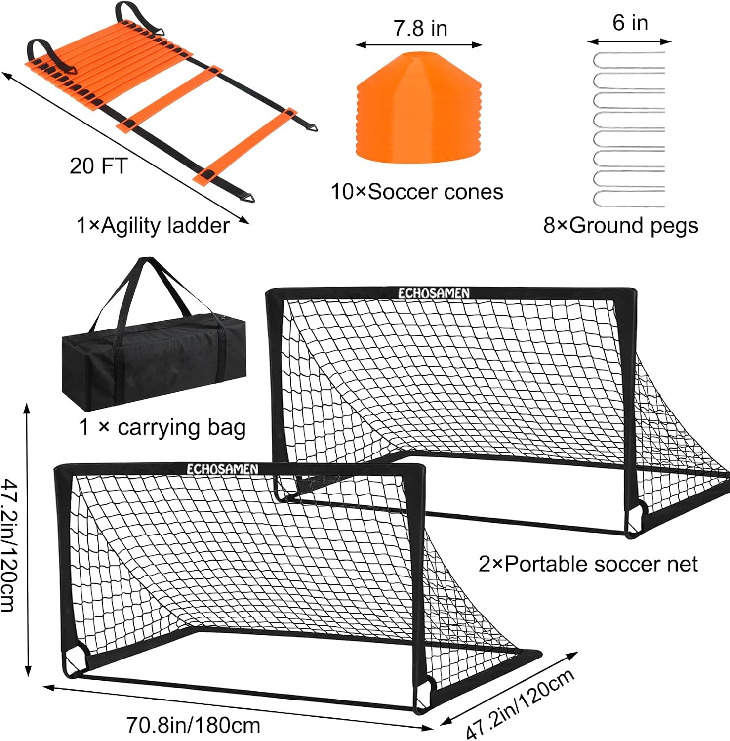 Kids Soccer Goals for Backyard, 2 of 6 x 4 ft Kids Soccer Goal Set Soccer Net with 10 Soccer Cones, Agility Ladder &