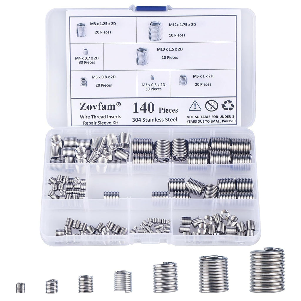 Metric Thread Repair Inserts, 140-Pcs 304 Stainless Steel, M3-M12