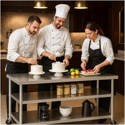 Stainless Steel Table with Wheels for Food Preparation and Work Extra-Large, Multi-Size Optional, Three-Layer
