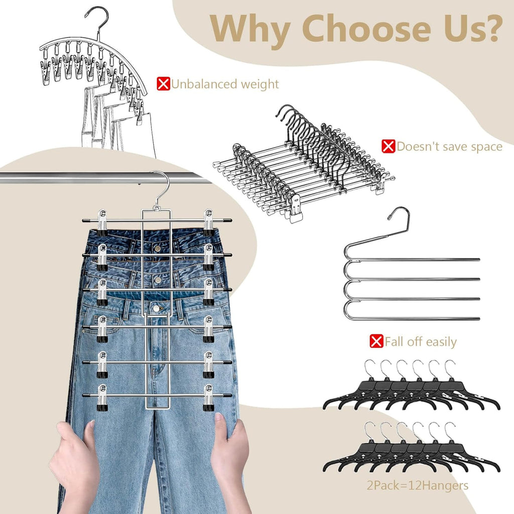 Pants Hangers with Clips,Space Saving Hanging Closet Organizer-6 Tiers Skirt Hangers with 360° Swivel Hook,Closet