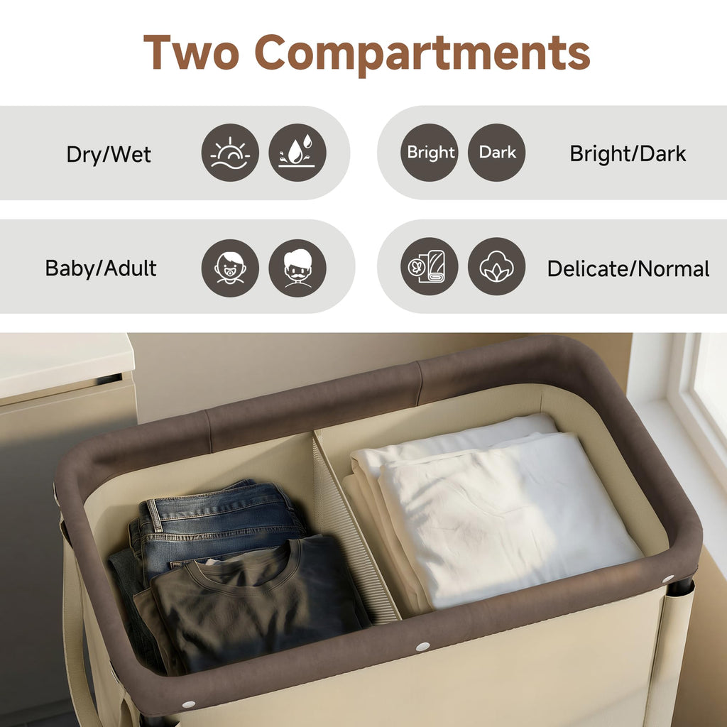 2 Section Laundry Hamper, 100L Tan Sorter Cart with Wheels