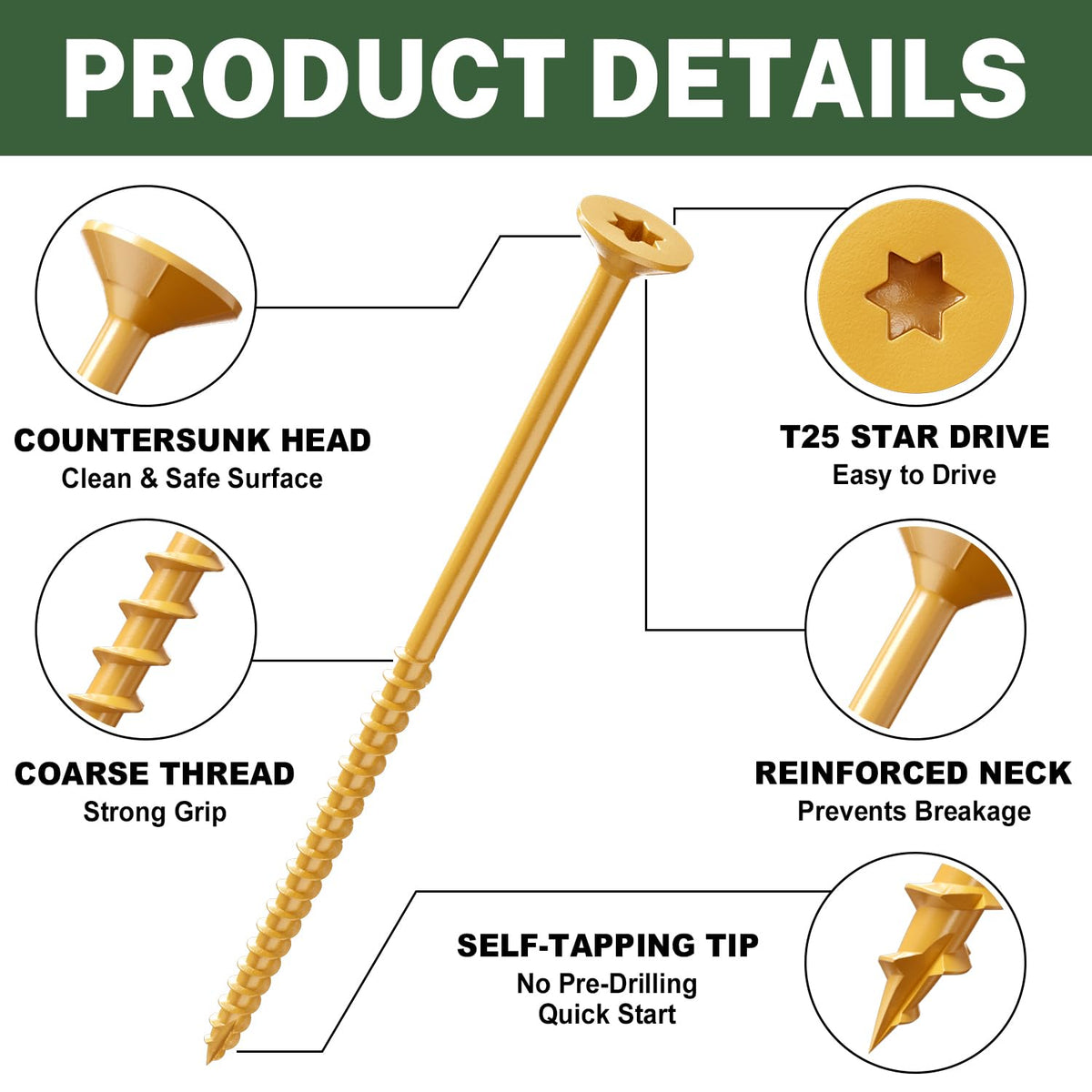 Deck Screws 4 Inch, Wood Screws #10 x 4, 100 PCS, Tan
