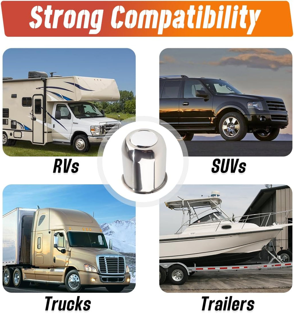 4-Pack Trailer Push Through Center Caps and Trailer Wheel Lug Sets - 3.74in Wheel Center Caps Chrome Wheel Cover