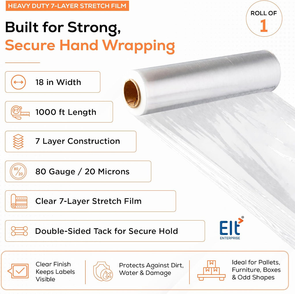 18 Inch Stretch Film Wrap, 1000 Ft, 1 Roll, 80 Gauge, 7 Layer, Clear