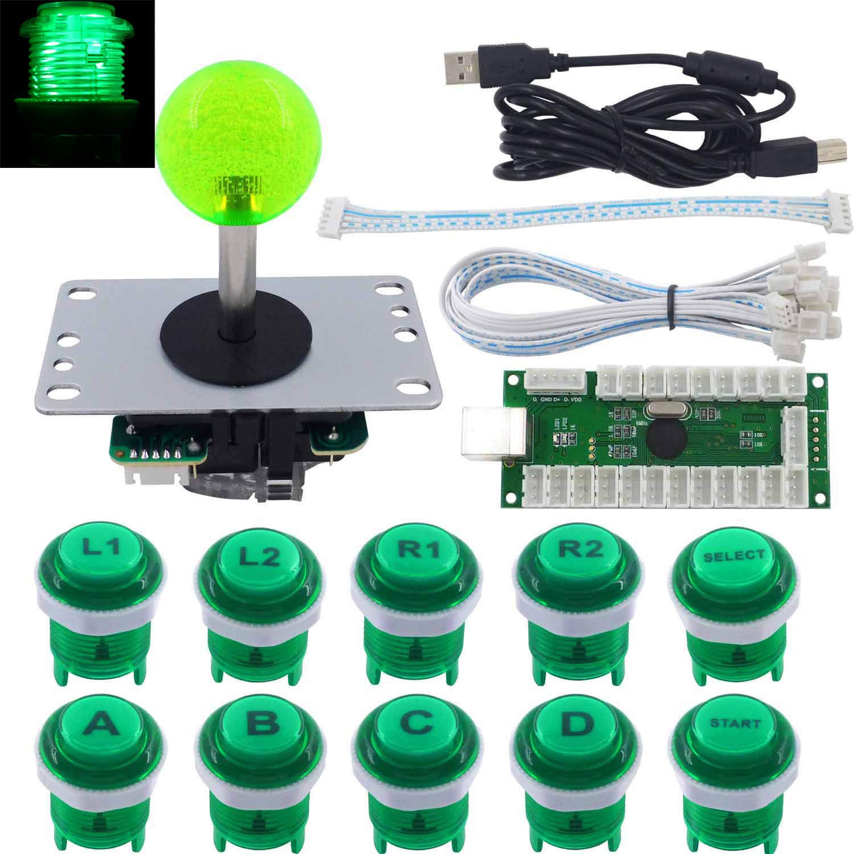 Arcade Stick DIY Kit 10x Buttons with Logo LED MX 8 Way Joystick USB Encoder for PC MAME Raspberry Pi Color Mix
