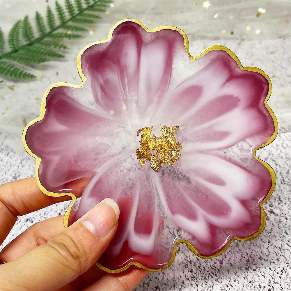13'' Large Floral Tray Mold + 4'' Flower Geode Coaster Silicone Molds (No Designs, 5 Pieces, White, Silicone, Single