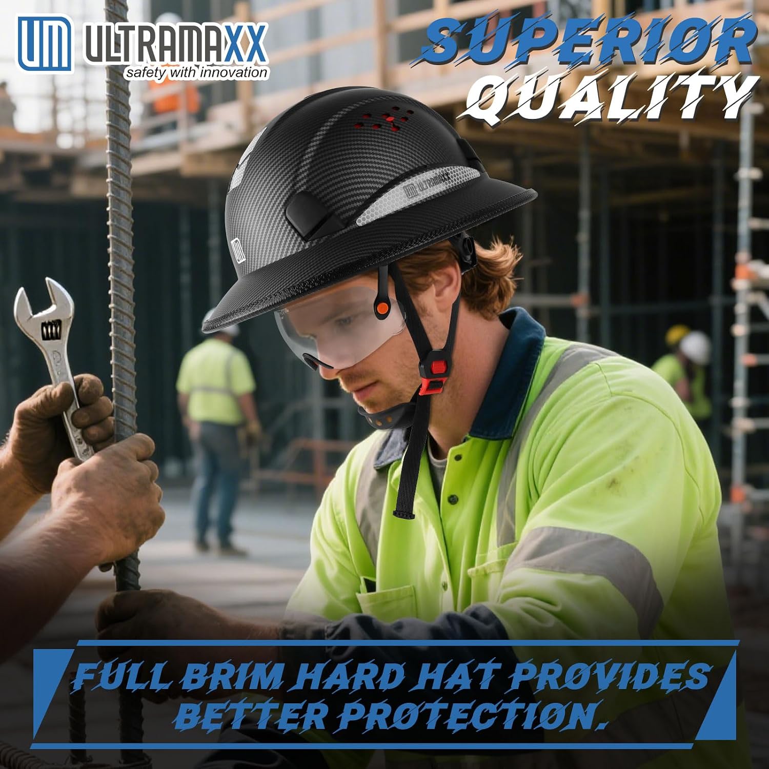 Full Brim Hard Hat with Built-in Visor, ANSI Z89.1 OSHA Approved Construction Safety Helmet with Chin Strap for Men