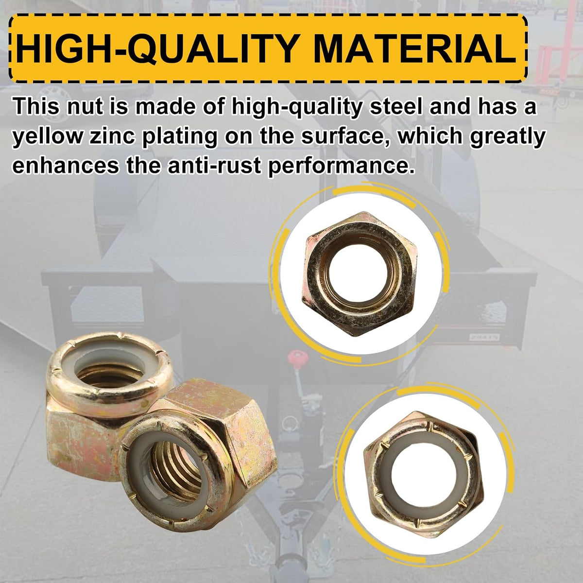 Grade 8 Coarse Lock Nuts 1/2"-13 (20 Pcs), 1/2″-13 Locknuts Yellow Zinc Finish Steel Nylon Insert Lock Nut