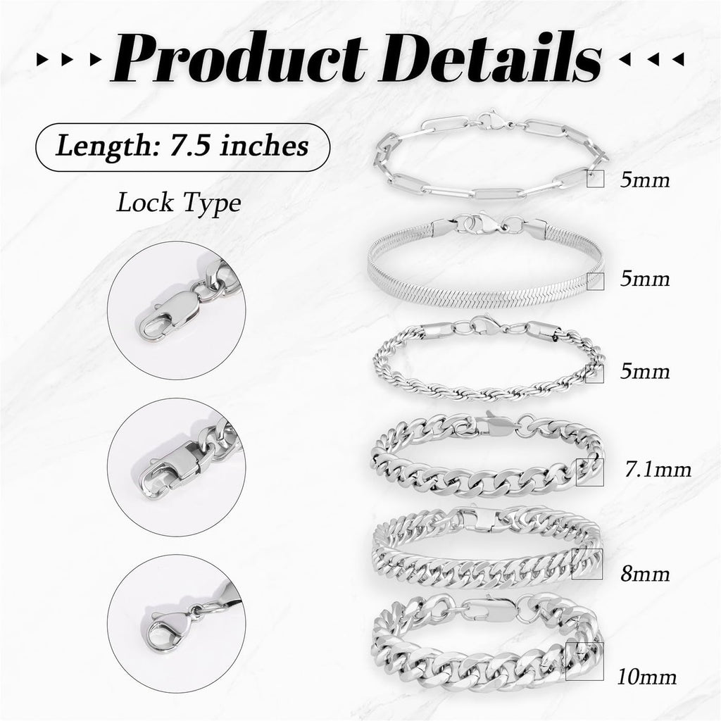 6 Pcs Stainless Steel Bracelets for Men Bracelets for Men Cuban Link Bracelet Rope Paperclip Snake Chain Bracelet Set