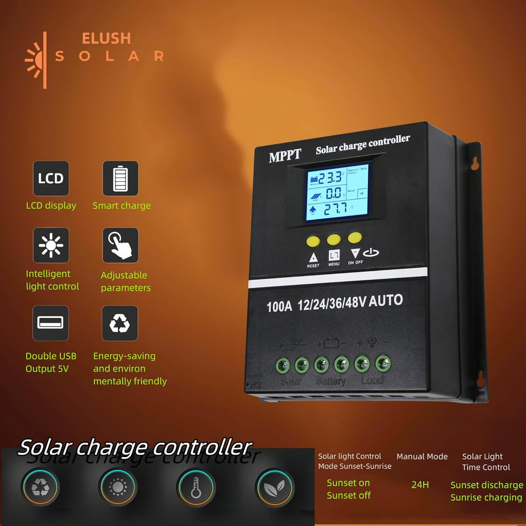 100A MPPT Solar Charge Controller 12V 24V 36V 48V LCD Display Battery Intelligent Regulator Max 100V Input Dual USB
