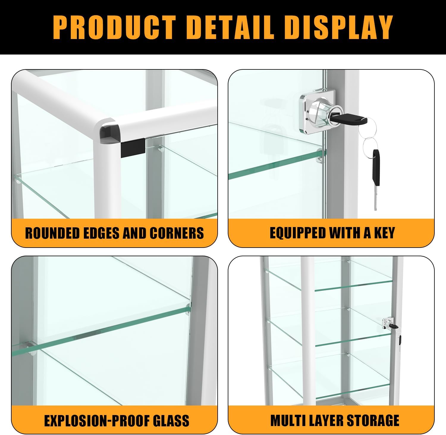 14" W x 27" H x 12" D, Silver Aluminum Tempered Glass Top Display Case with Lock, Key and 3 Glass Shelves for Retail