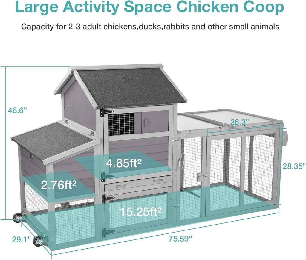 Chicken Coop for 2-4 Chickens,Outdoor Chicken House with Wheels, Nesting Box, Leakproof Pull-on Tray and UV-Resistant