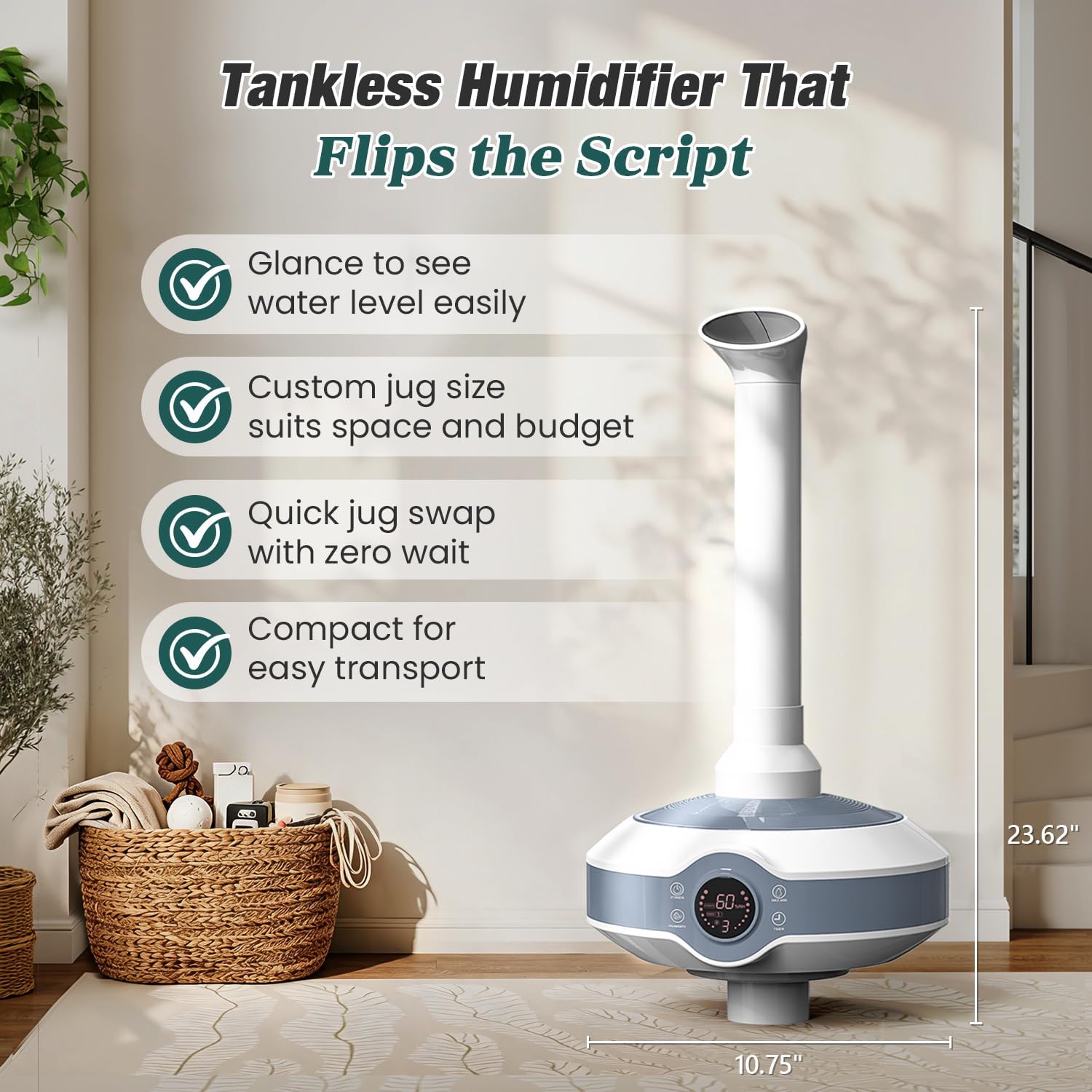 Humidifier Large Room 1000 sq.ft. Whole house & Commercial | Tankless Ultrasonic Cool Mist for Bedroom Home, Office