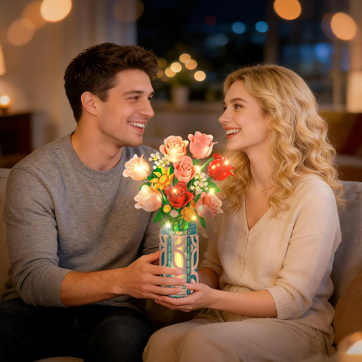14 Flowers Bouquet Building Set with Vase & LED Light for Adults
