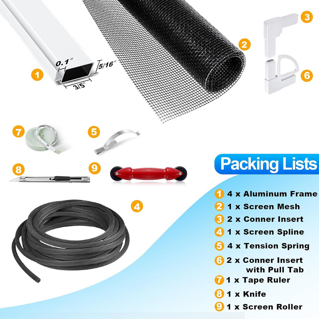 Window Screen Frame Kit 48inX48in Fiberglass Window Screen Replacement Kit Includes Full Set of Tools Suitable for
