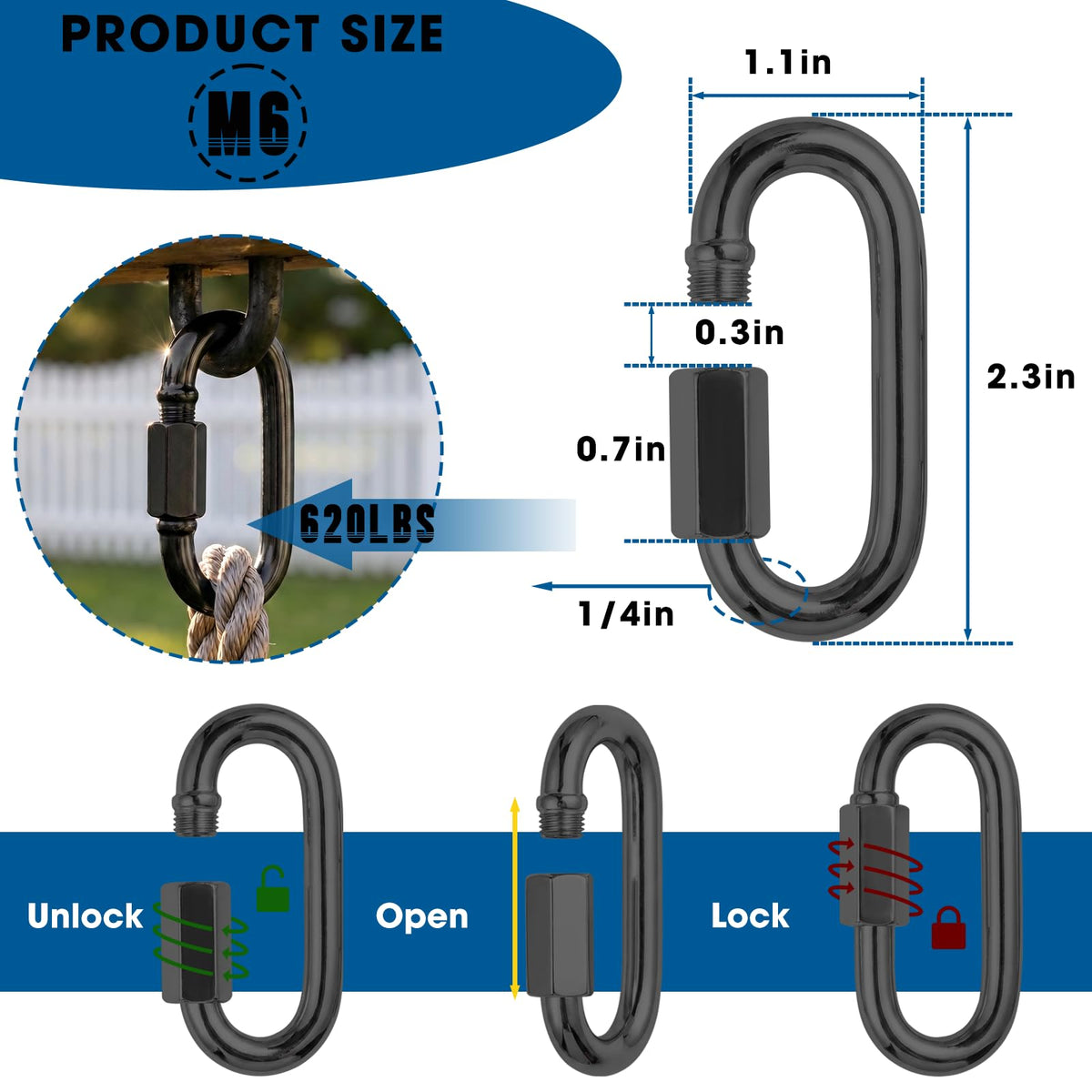 50Pcs Quick Links 1/4” Chain Link Connectors Heavy Duty Carabiner Clips