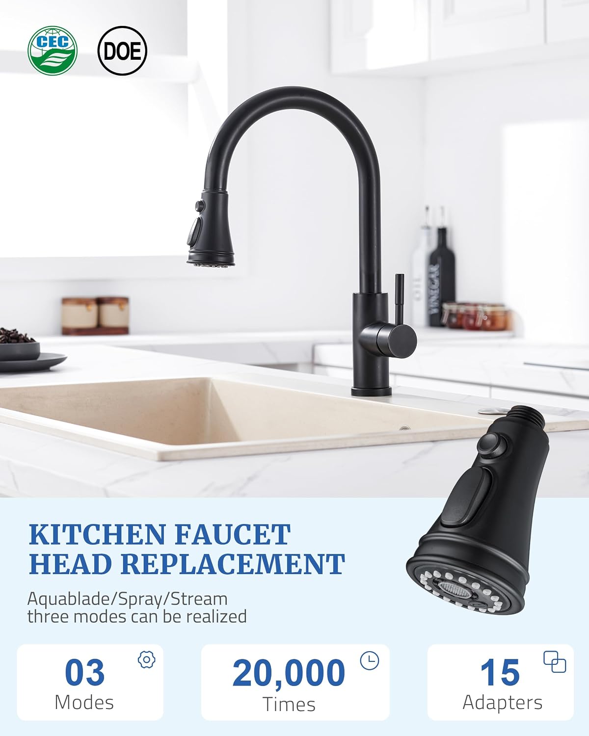 Kitchen Faucet Spray Head Replacement, 3-Function Pull Down Sprayer Head
