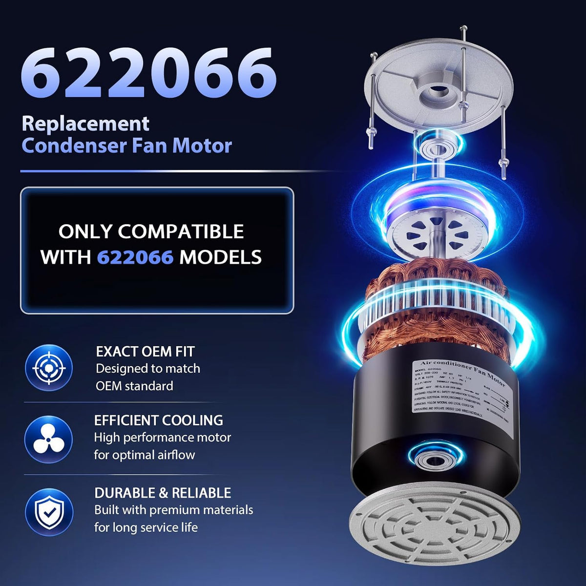 622066 Condenser Fan Motor 1/4 HP 208-230V 1075 RPM CW Single Speed Replacement for Nordyne Intertherm Miller Frigidaire Air Conditioner Condensing Units