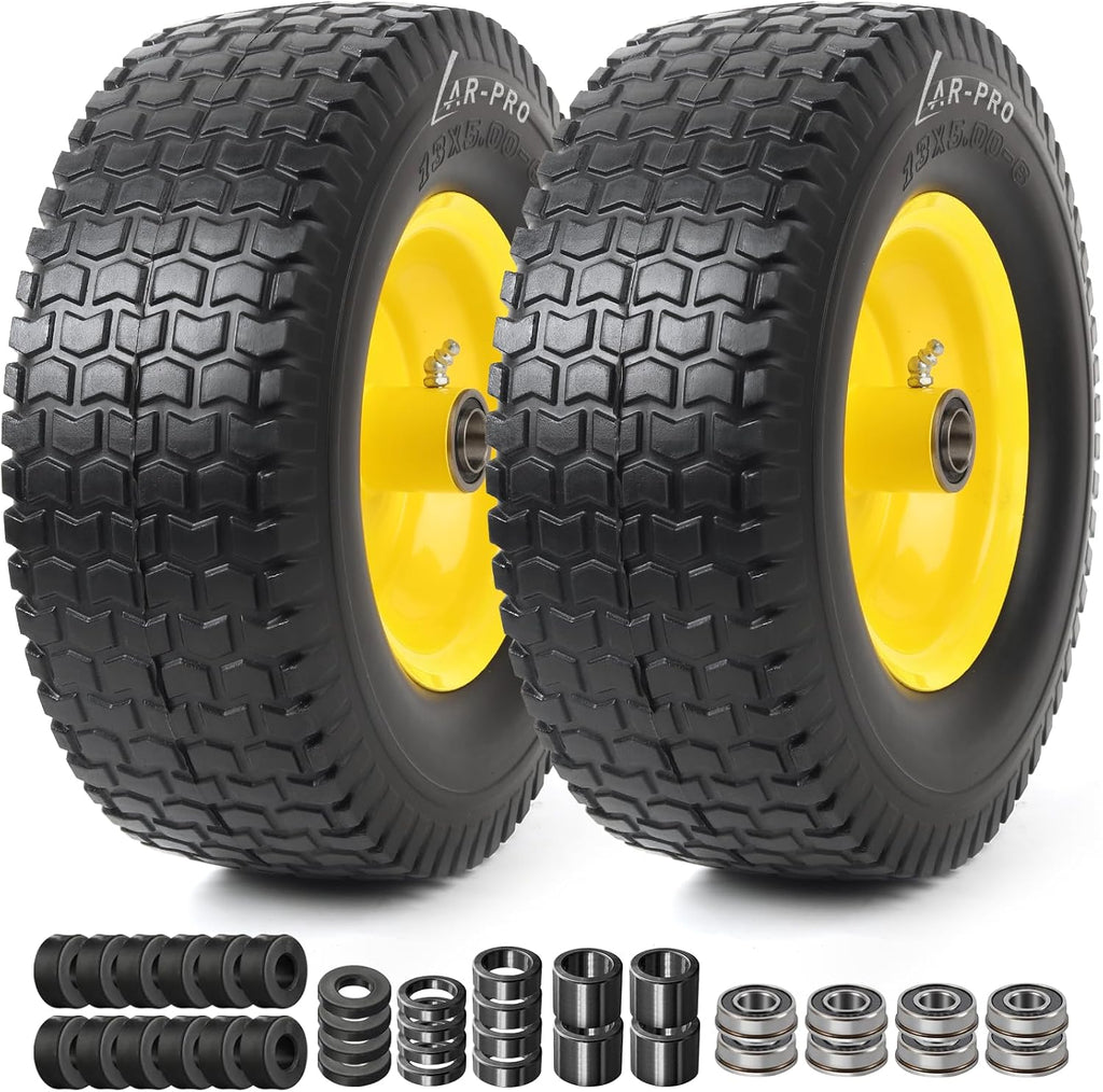 (2 Pack) 13x5.00-6 Flat Free Front Tire and Wheel Assembly, Solid Riding Lawn Mower Wheels, 3"-6" Offset Hub