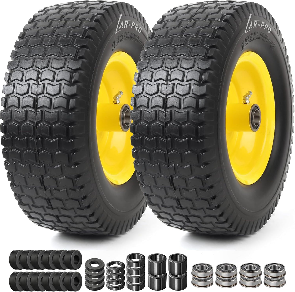 (2 Pack) 13x5.00-6 Flat Free Front Tire and Wheel Assembly, Solid Riding Lawn Mower Wheels, 3"-6" Offset Hub