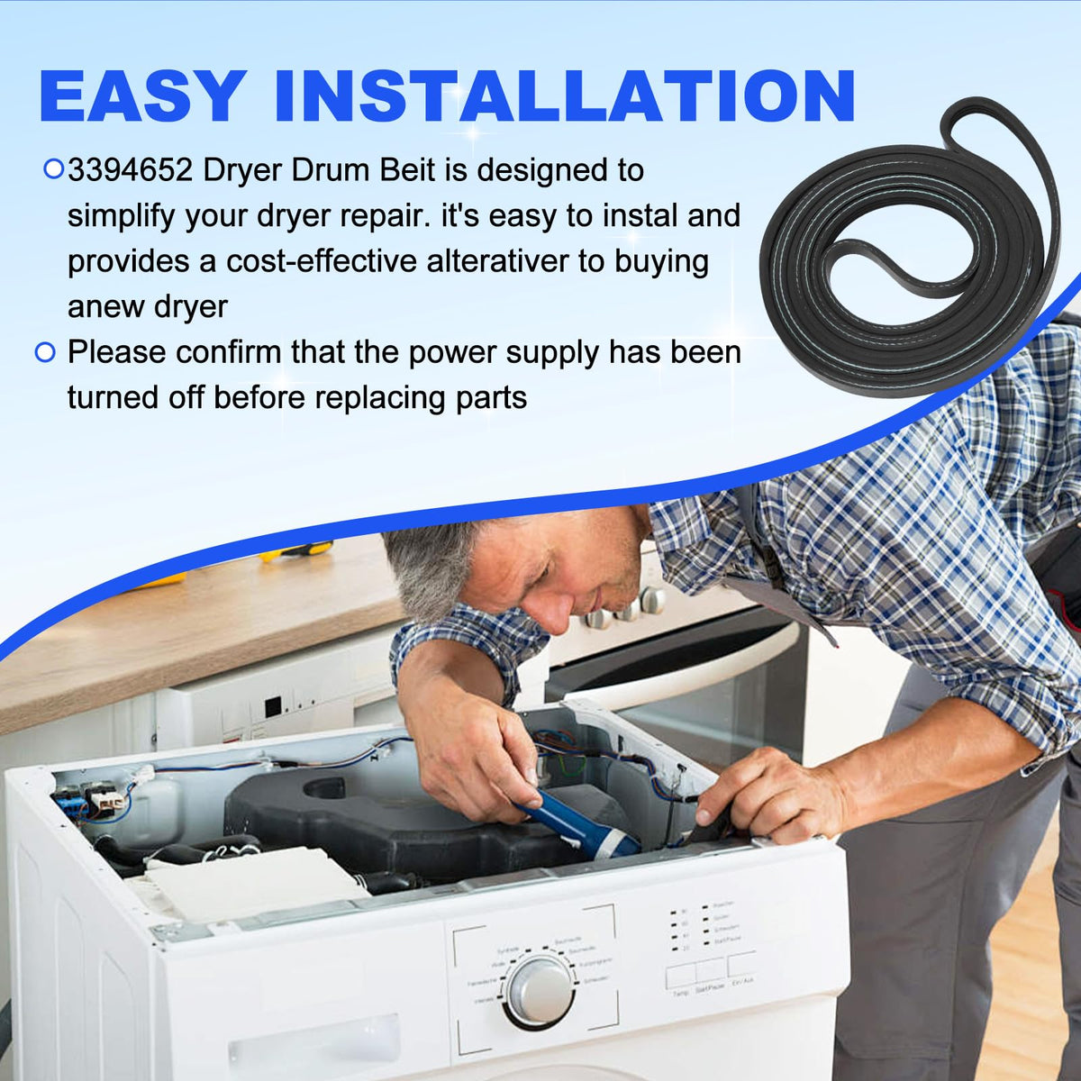 3394652 Dryer Drum Belt Replacement Compatible with Whirlpool | Kenmore