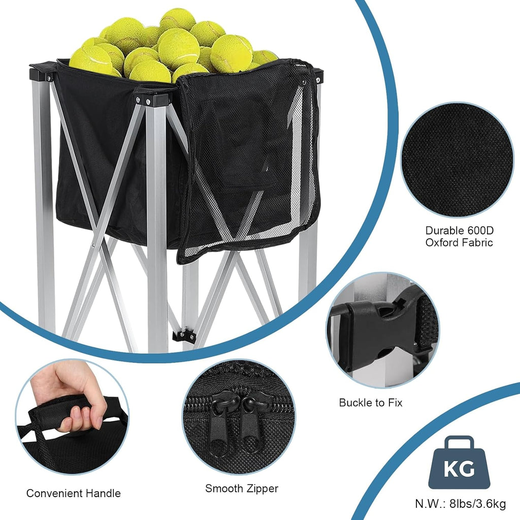 Tennis Ball Cart - Holds 160 Balls, Foldable Lightweight Tennis Ball Hopper with Wheels, Removable Bag, Side Pockets