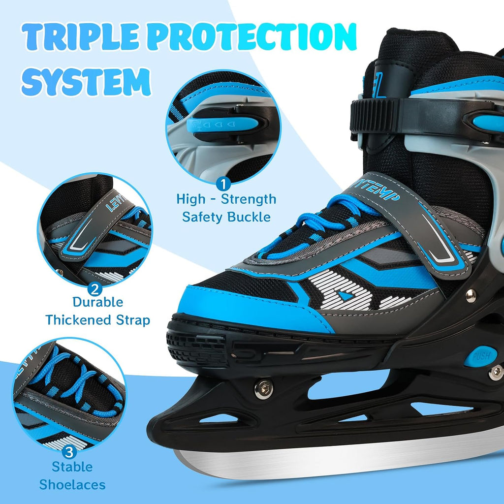 Adjustable ice Skates for Kids Boys Girls, 4 Size Triple Protection Beginner Figure Blades with Ankle Support for