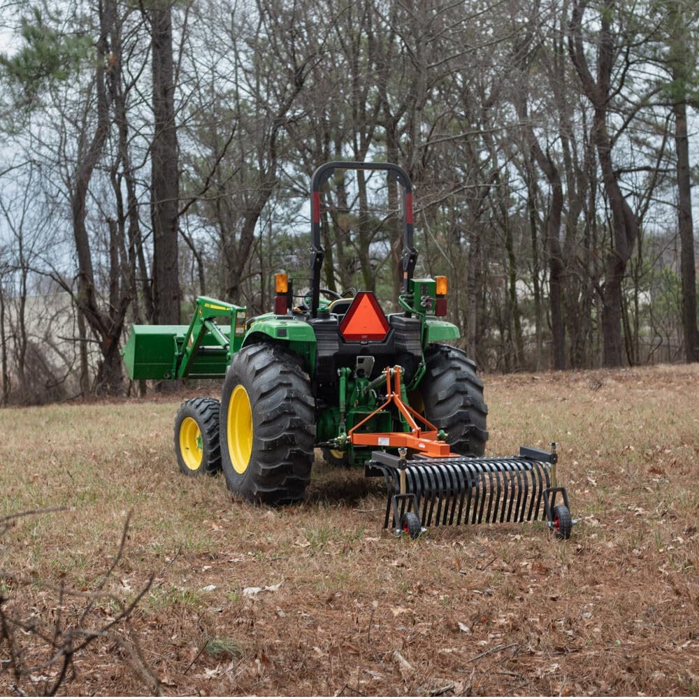 3 Point 6 FT Landscape Rake with Bolt-On Wheels for Compact Tractors, Fits Category 1 Hookup, Tow-Behind Garden Tool