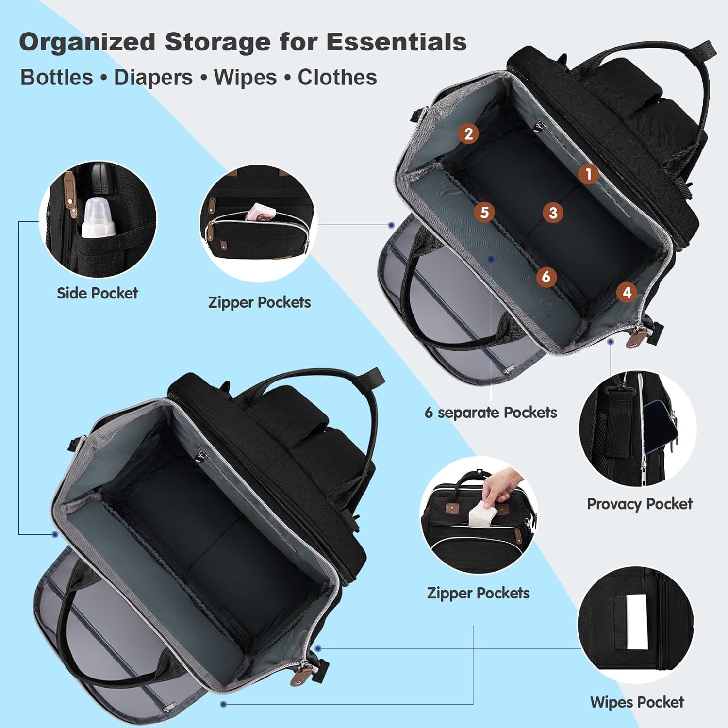 Diaper Bag Backpack, Large Baby Bag with Changing Pad, Thick Padded Back & Straps, Laptop Compartment, Waterproof