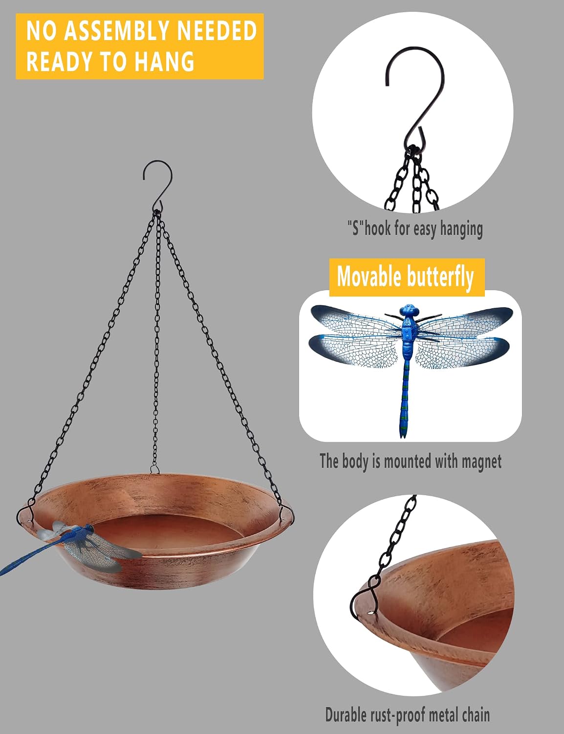Hanging Bird Bath & Feeder, 11.5 Inch Antique Copper Metal Birdbath Bowl
