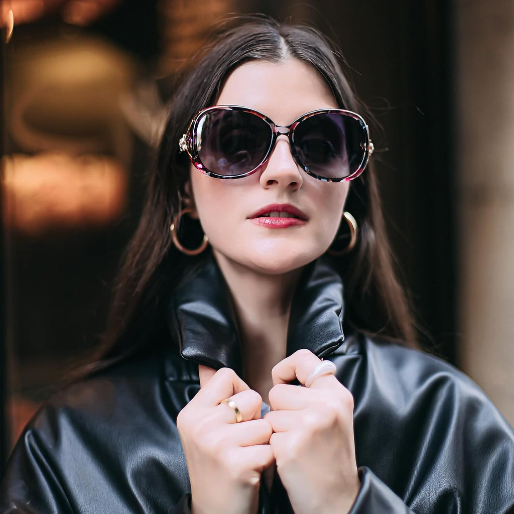 Polarized Sunglasses for Women Oversized Ladies Sun Glasses UV400 | Goldern Cat Pattern Design with Silver Rhinestone