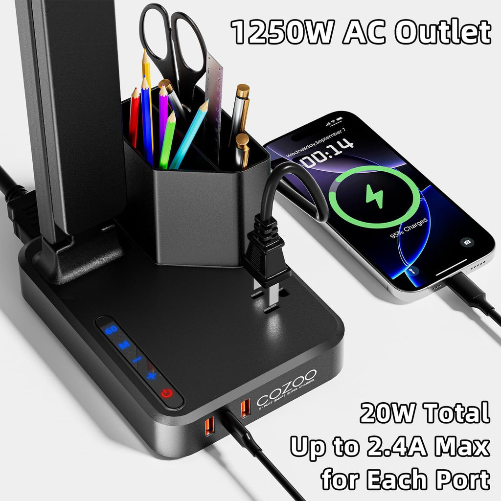 LED Desk Lamp for Dorm Office, USB C, AC Outlet Charging Port, Black | Dorm Room Essentials for Guys, Eye-Caring
