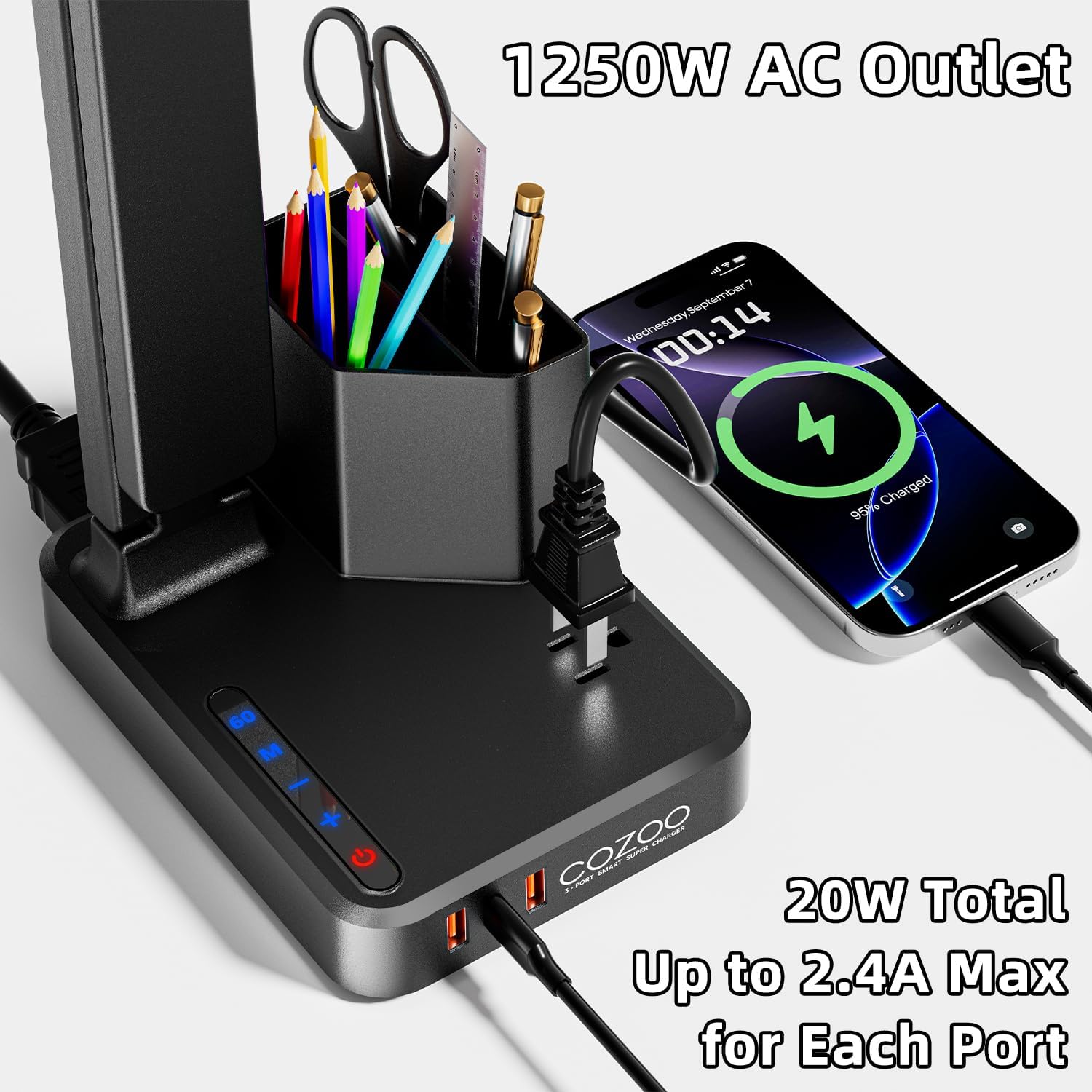 LED Desk Lamp for Dorm Office, USB C, AC Outlet Charging Port, Black | Dorm Room Essentials for Guys, Eye-Caring