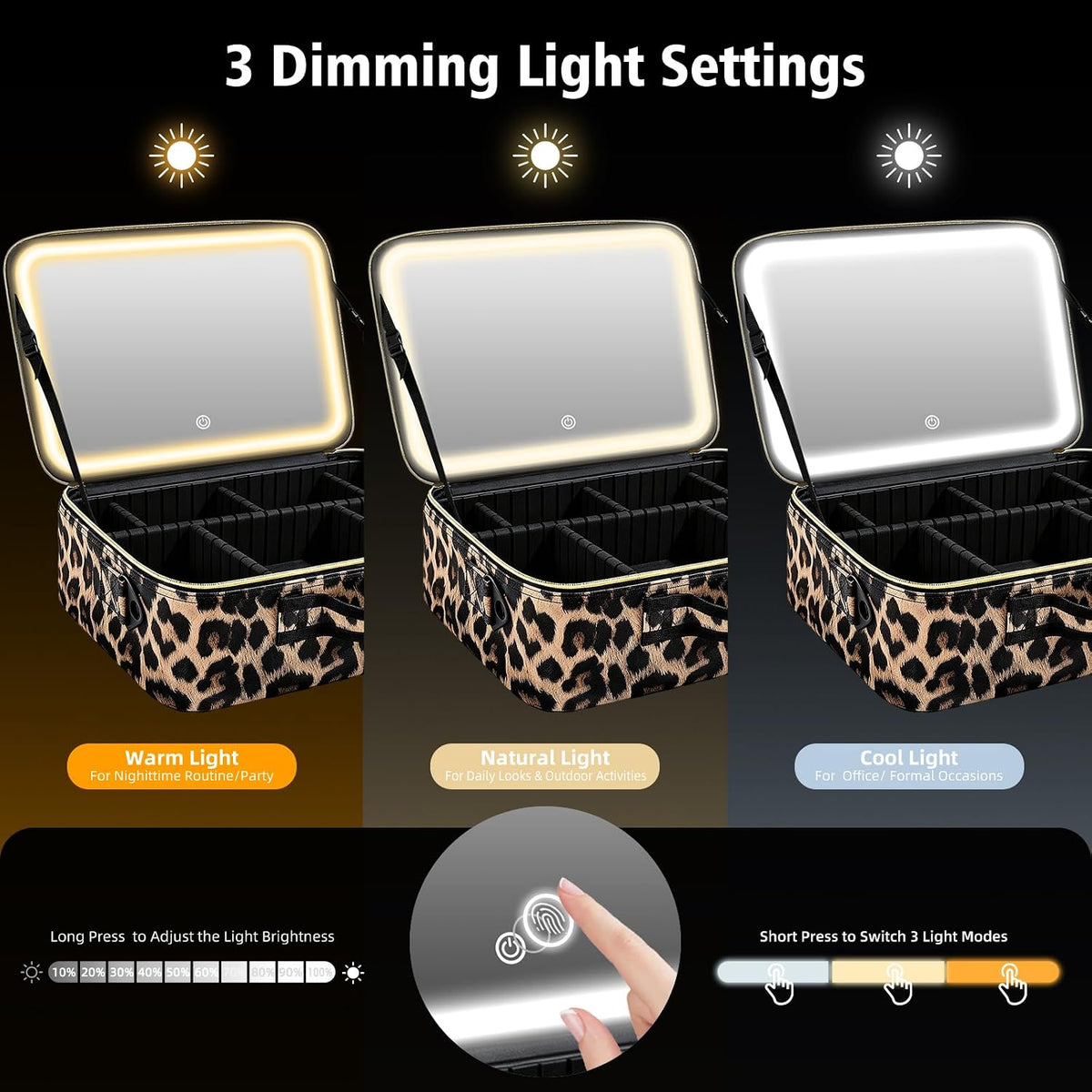 Makeup Bag with Mirror and Light, 15"X11" Large, Leopard Print PU Leather