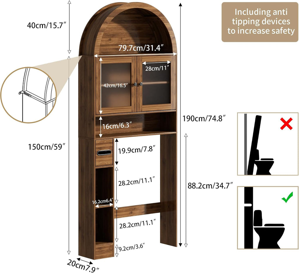 Arched Over The Toilet Storage Cabinet with Glass Doors, Above Toilet Bathroom Organizer, 4 Tier Bathroom Cabinet